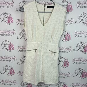 Ark & Co dress crochet style zipper detail pockets Cream Textured Mini Dress
